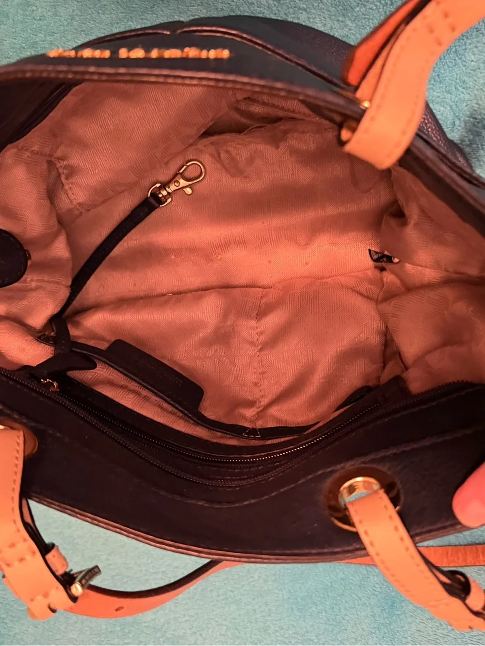 Michael Kors Navy Leather Shoulder Tote with Tan Straps